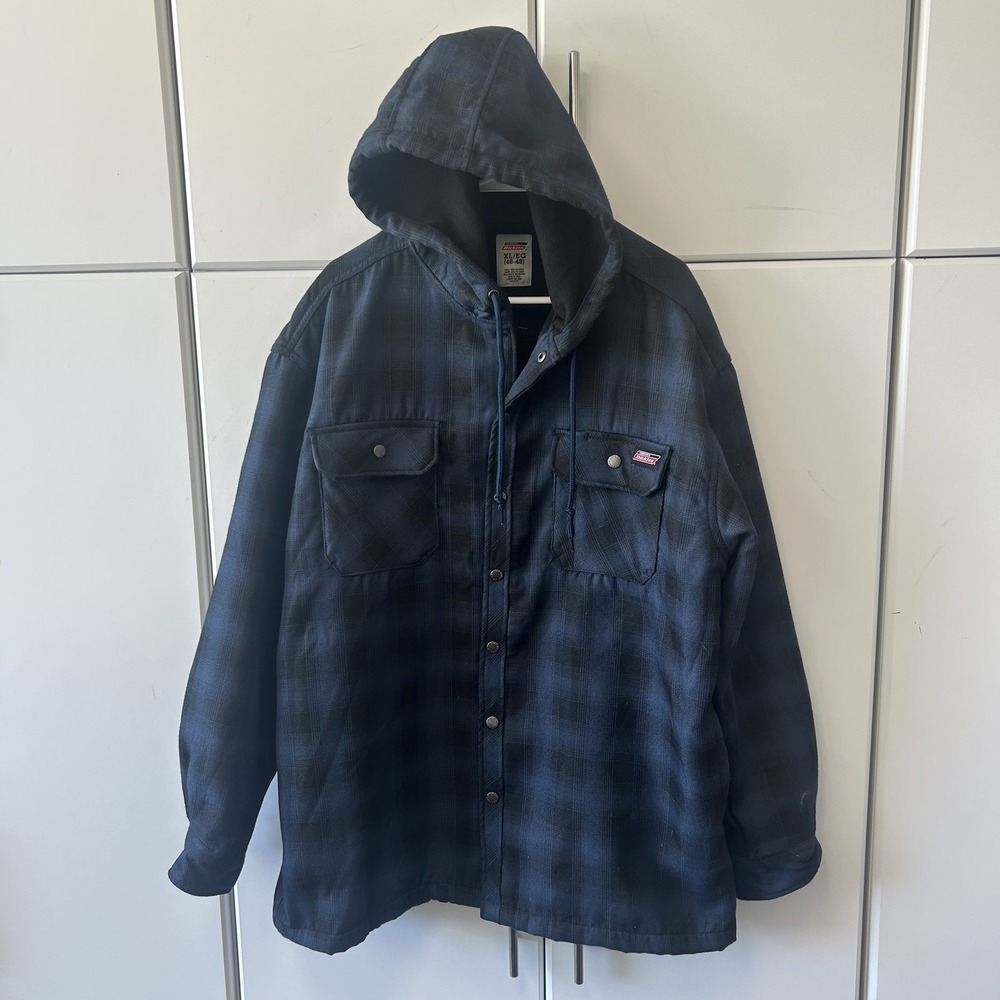Genuine Dickies Mens XL Blue Black Plaid Fleece Lined Hooded Flannel Jacket